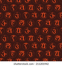 seamless background with names of chakras in Sanskrit