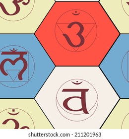 seamless background with names of chakras in Sanskrit