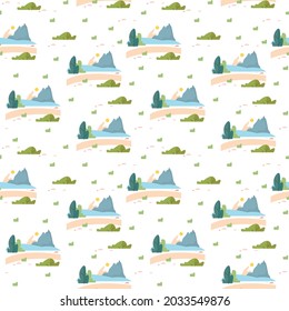 Seamless background with nature of green shade with separate groups of trees and mountains. Vector illustration in a minimalistic style isolated on a white background. Freehand drawing. For bed linen