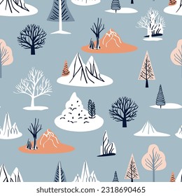 Seamless background of a nature landscape with trees and mountains against a blue sky. A pattern of trees and mountains on a blue background.
