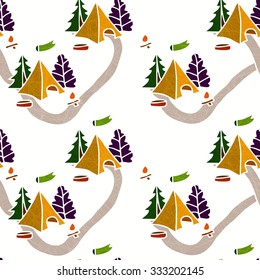 Seamless background. Nature seamless pattern. Seamless color pattern with a tent, a campfire and trees. Hiking Trail. Tourist camp. Seamless background. The pattern of tourism and travel.