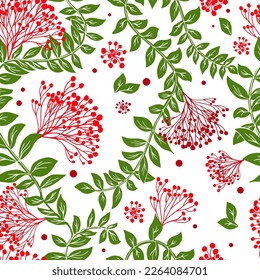 Seamless background in nature style green. Vintage Pattern of berries and leaves. Vector illustration