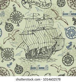 Seamless background with nautical elements, old vessel, compass, gulls. Pirate adventures, treasure hunt and old transportation concept. Hand drawn vector illustration, vintage background