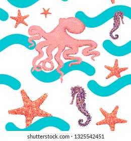 seamless background with a nautical theme. Underwater life. Octopus, starfish, seahorse