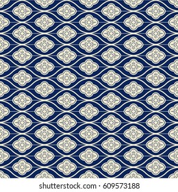 Seamless background navy blue oriental curve round cross line flower