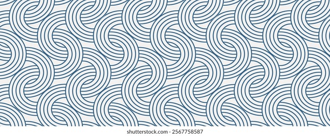 Seamless background with navy blue wave patterns on a light beige background. The background has a flowing texture in navy blue. Vector. Art deco pattern background.