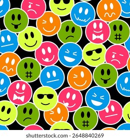 Seamless background with neon color emotions sticker. Colorful happy smiling face label shape set. Pattern with trendy retro emoji face icons. Funny comic emoji print.
