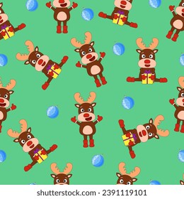 Seamless background with New Year theme. Rudolph the deer with gifts. Hand drawn. New Year's pattern. Vector. Christmas elements on a green background. Gift wrap.