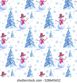 Seamless background for New Years holiday. A lot of snowmen and christmas tree on white. Endless winter pattern.