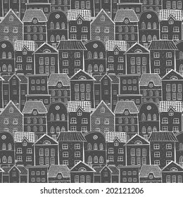 Seamless background with night city and lots of houses. Vector illustration. This endless pattern Can be used for wallpaper, pattern fills, textile, web page background, surface textures.