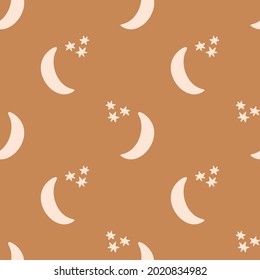 Seamless background night time moon gender neutral pattern. Whimsical minimal earthy 2 tone color. kids nursery wallpaper or boho cartoon fashion all over print.