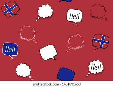 Seamless background with Norwegian flag and speech bubbles with greetings in Norwegian. Vector illustration