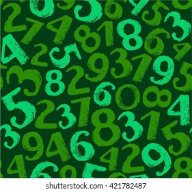 Seamless background with numbers, dark green. On a dark green background drawn in green chalk figures. Vector imitation of the texture. Colored, flat background. 