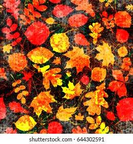 Seamless background with oak leaves, birch, alder leaves, beech, maple, aspen leaves. Gold, orange, red foliage. Floral pattern. Seamless texture for fabric, wrapping, boho design. Seamless texture