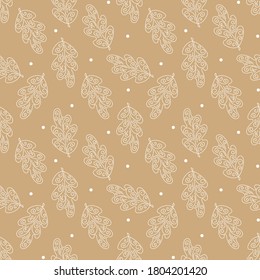 Seamless background with oak leaves and Polka dot . An ornate frost pattern. White hand drawn leaves . Vector