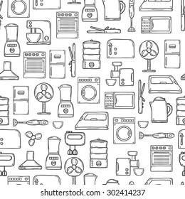 Seamless background with objects in hand drawn cartoon outline style on home appliance theme: fridge, kettle, microwave, steamer, mixer, iron, stove. House care and housekeeping concept for your