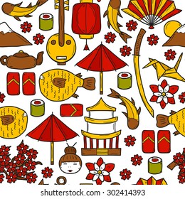 Seamless background with objects in hand drawn style on Japan theme: geisha, sword, sushi, sakura, lantern, origami. Travel Japanese concept for your design