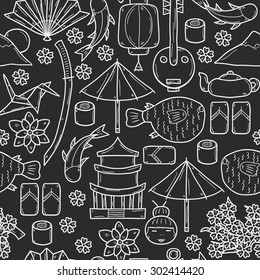Seamless background with objects in hand drawn outline style on Japan theme: geisha, sword, sushi, sakura, lantern, origami. Travel japanese concept for your design