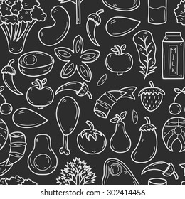 Seamless background with objects in hand drawn outline style on paleo diet theme: meat, fish, fruits, vegetables, spices, nuts. Healthy food concept for your design