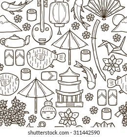 Seamless background with objects in hand drawn outline style on Japan theme: geisha, sword, sushi, sakura, lantern, origami. Travel japanese consept for your design