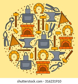 Seamless background with objects in hand drawn style on blacksmith theme: horseshoe, sledgehammer, vise, oven for your design