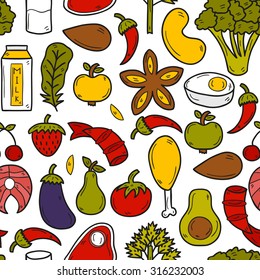Seamless background with objects in hand drawn style on paleo diet theme: meat, fish, fruits, vegetables, spices, nuts. Healthy food concept for your design
