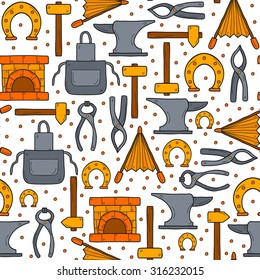 Seamless background with objects in hand drawn style on blacksmith theme: horseshoe, sledgehammer, vise, oven for your design