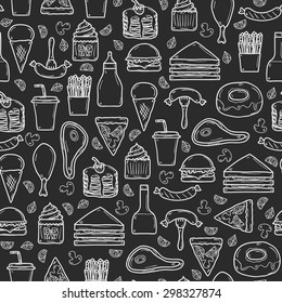 Seamless background with objects on american food theme: fried potato, hot dog, soda, hamburger, sandwich. Ethnic cuisine and travel concept for your design