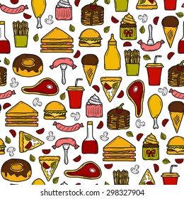 Seamless background with objects on american food theme: fried potato, hot dog, soda, hamburger, sandwich. Ethnic cuisine and travel concept for your design