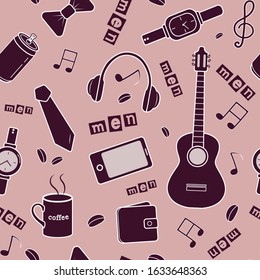 Seamless background with objects that men love. Tie, wallet, guitar, headphones, watch, coffee and masculine word