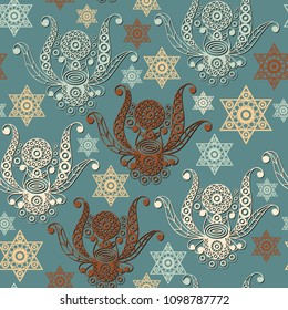 Seamless background with occult symbol. Masonic (freemasonic) texture (pattern). Suitable for textile, wallpapers, print, wrapping, scrapbooking, book cover, cloth design. Vector illustration.