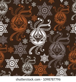 Seamless background with occult symbol. Masonic (freemasonic) texture (pattern). Suitable for textile, wallpapers, print, wrapping, scrapbooking, book cover, cloth design. Vector illustration.