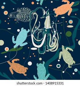 seamless background with octopus and fishes