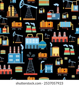 Seamless background with oil platform. Coal, petroleum industry. Non-renewable sources, oil field, mining. Oil production, pipeline, gas pipe.