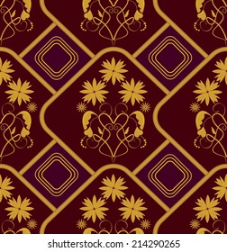 Seamless background in old baroque style with gold patterns on dark red area