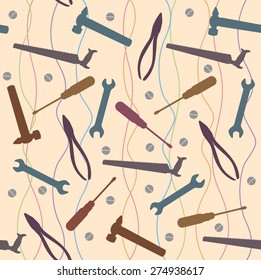  Seamless background with old retro tools: carpentry, hammer, pliers, saw, screwdriver, wrench