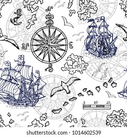 Seamless background with old sailing ship, gulls, compass and treasure islands on white. Pirate adventures, treasure hunt and old transportation concept. Hand drawn vector illustration