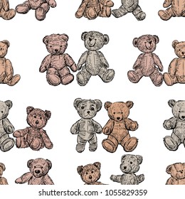 Seamless background of old teddy bears