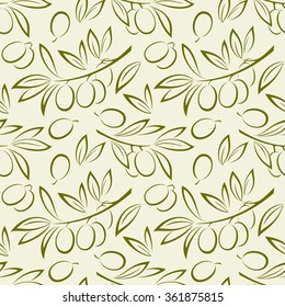Seamless Background, Olive Branch with Berries and Leaves Pictograms. Vector