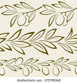 Seamless Background, Olive Branch with Berries and Leaves Pictograms. Vector