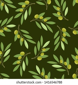 Seamless background with olive branches on dark green background. Vector illustration