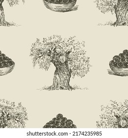 Seamless background of olive trees and ripe olives sketches 