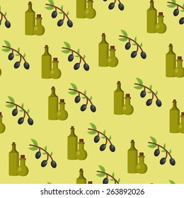 Seamless background with olives and olive oil for your design