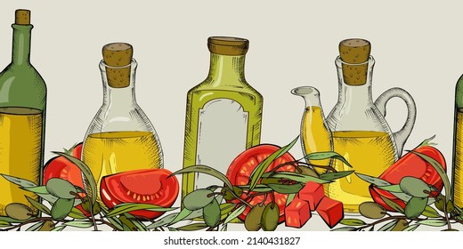 Seamless background with olives, tomato and olive oil in bottles, hand drawn vector illustration. Endless decorative frame for mediterranean, italian or greece food and kitchen.