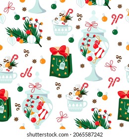 Seamless background on a Christmas theme. Vector illustration. New Year's pattern. Wrapping paper. Cocoa, a vase with a garland, balls, a gift.