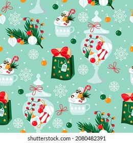 Seamless background on a Christmas theme. Vector illustration. New Year's pattern. Wrapping. Cocoa, vase with garland, snowflakes, balls, gift.