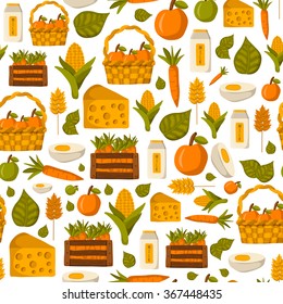 Seamless background on farm products theme in cute cartoon style