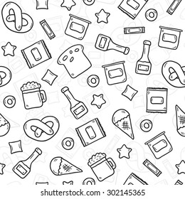 Seamless background on gluten products theme with cute hand drawn objects: bread, pastry, pasta, beer, yogurt, ice cream, dry breakfast, ketchup and snack food for your design