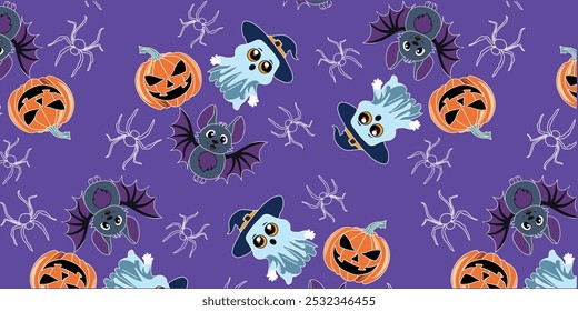 Seamless background on a Halloween theme. Autumn holiday. Ghost, pumpkin, spider are repeated on a lilac background. Vector illustration.