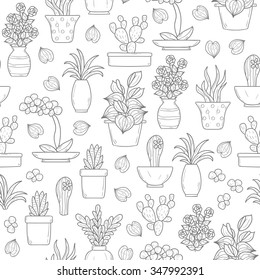 Seamless background on houseplants theme with cartoon hand drawn objects